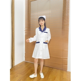 網上下單訂做撞色領診所制服 個人設計長袖護士服 診所制服專門店 模特展示 BD-CN-22116